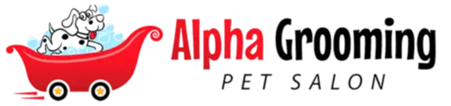 Logo for Alpha Grooming Pet Salon featuring cartoon dogs in a red bathtub with bubbles, next to the business name in red and black text—perfect for any pet lover seeking quality mobile pet grooming services.