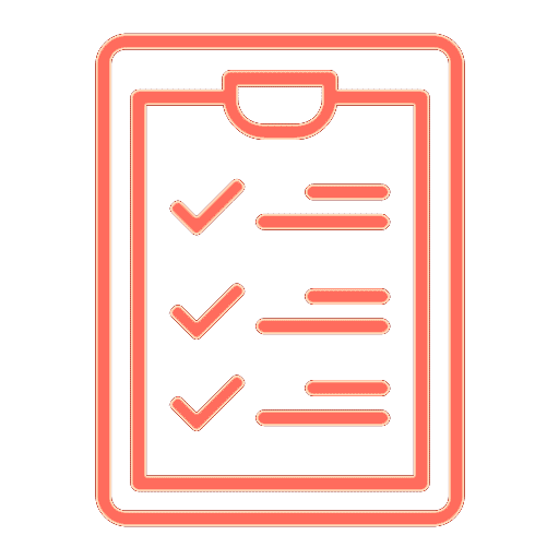 Red outline icon of a clipboard with three checkmarks next to horizontal lines, representing a completed checklist or task list—ideal for any pet lover or busy dog groomer staying organized.