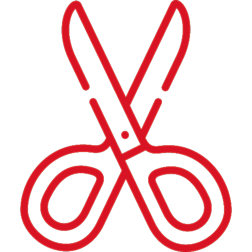 Red outline icon of a pair of scissors with open blades and rounded handles, displayed on a light background—perfect for any dog groomer or pet lover looking to add a touch of style to their branding.