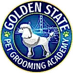 A logo for Golden State Pet Grooming Academy featuring a groomed poodle in front of the Golden Gate Bridge with paw prints on each side, perfect for any pet lover or those interested in mobile dog grooming.