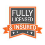 A badge with the text "Fully Licensed & Insured" in bold white letters on a gray and orange background with stars underneath—a perfect touch for any mobile cat grooming or dog grooming service.